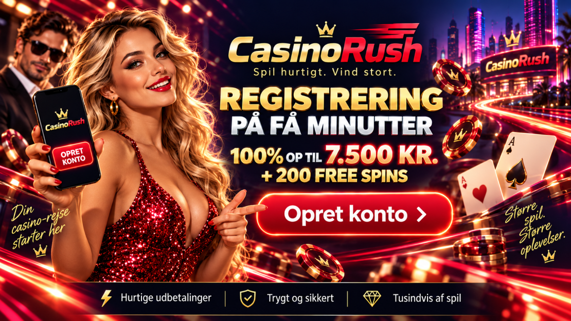 CasinoRush registrering – opret konto på få minutter og få 100% op til 7.500 kr. + 200 Free Spins